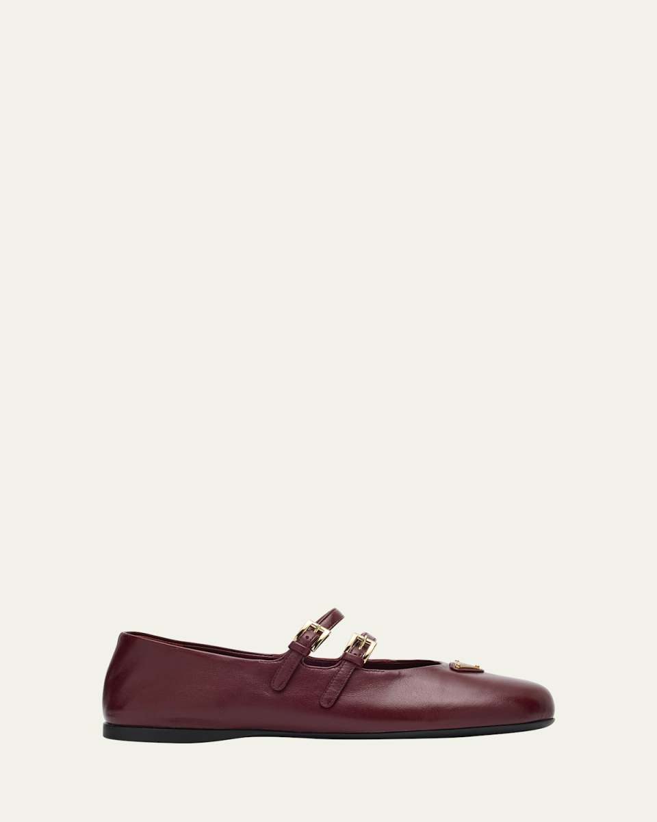 Nappa Leather Double-Strap Triangle Logo Ballerina Flats